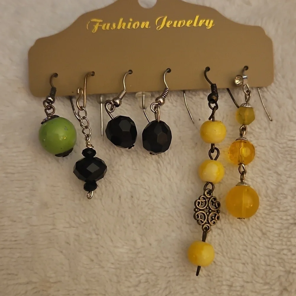 Vintage One Black Pair and Four Green and Yellow Single Dangle Earrings Set